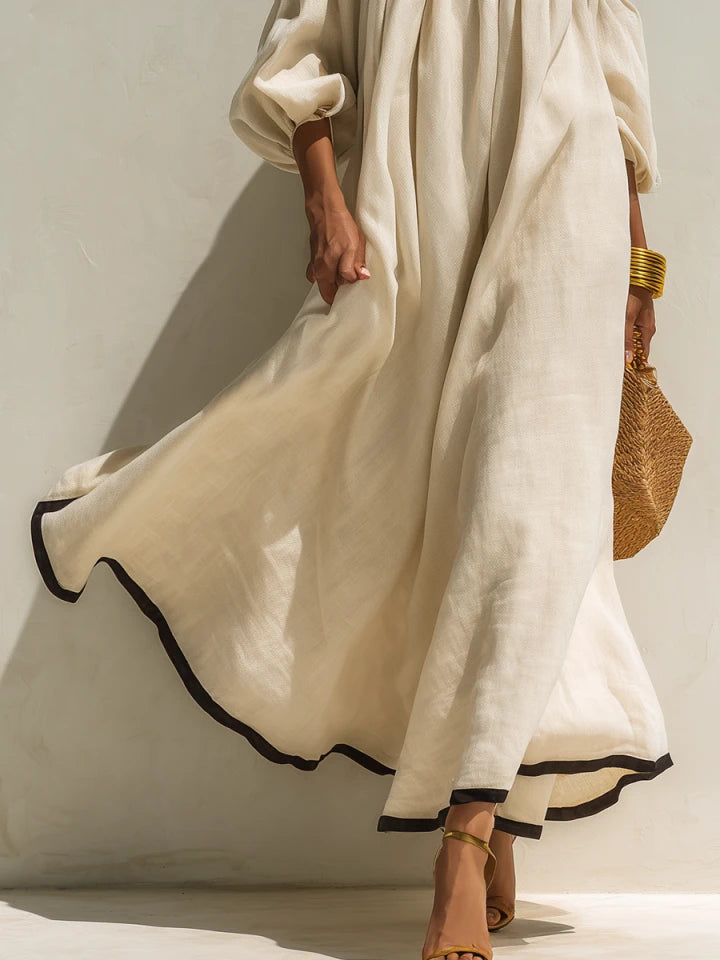 Loose-fitting Color-blocked Off-the-shoulder Beige Cotton-linen Maxi Dress