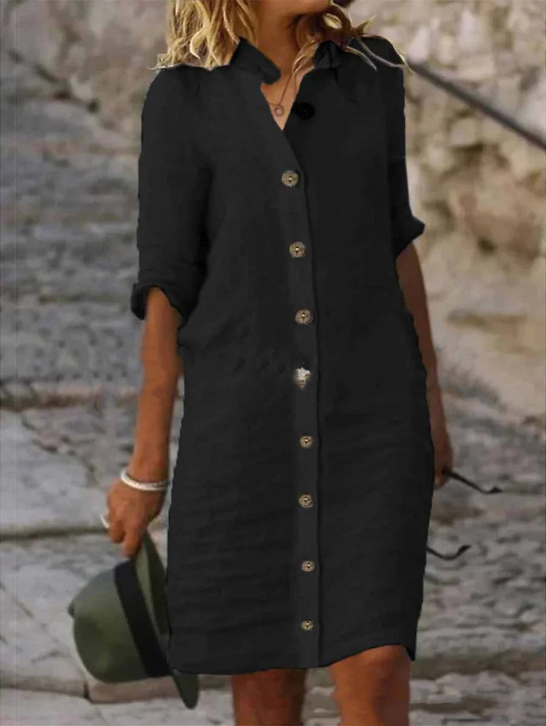 Casual Solid Single Breasted Half Sleeve Midi Dress