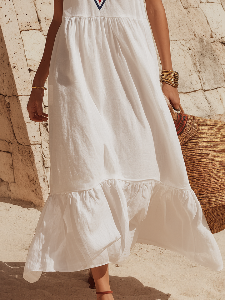 Minimalist Vacation Red And Blue Woven Trim Neckline White Cotton-Linen Maxi Dress