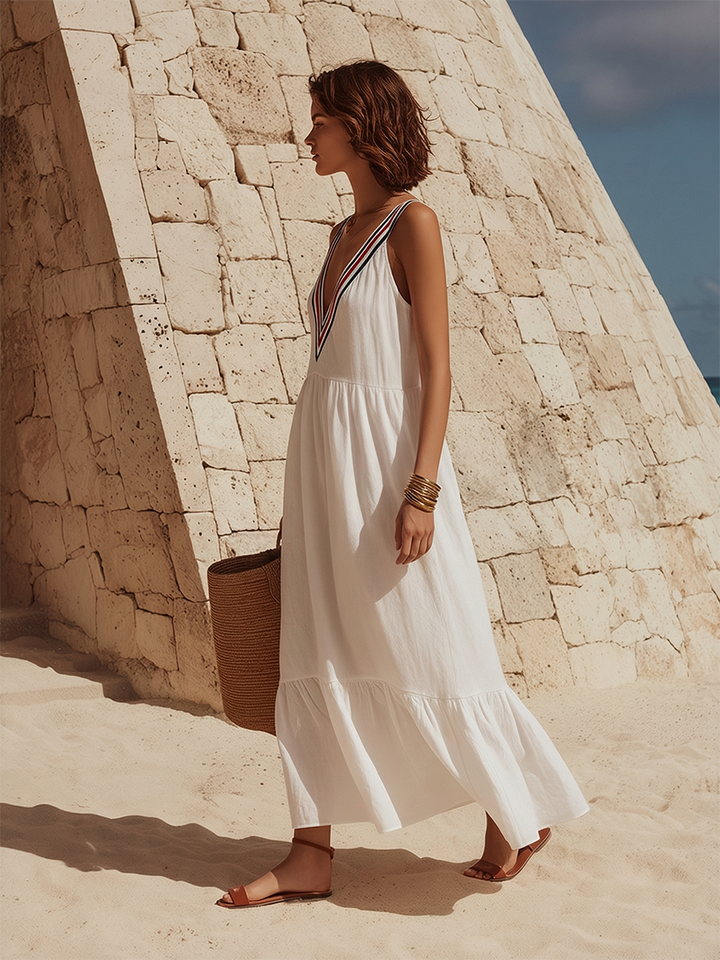 Minimalist Vacation Red And Blue Woven Trim Neckline White Cotton-Linen Maxi Dress