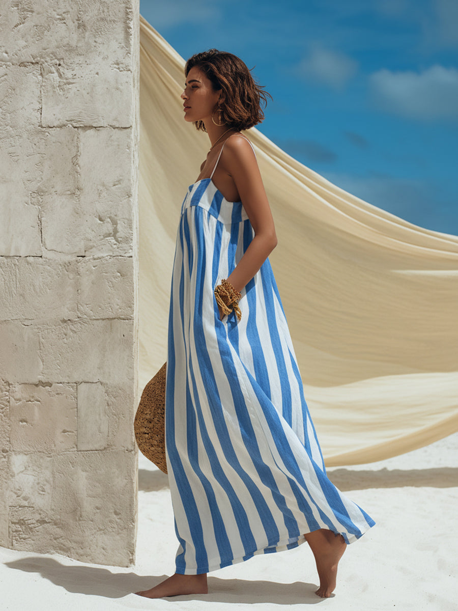 Minimalist Vacation-Style Thin Straps And Back Tie Detail Blue And White Striped Maxi Dress