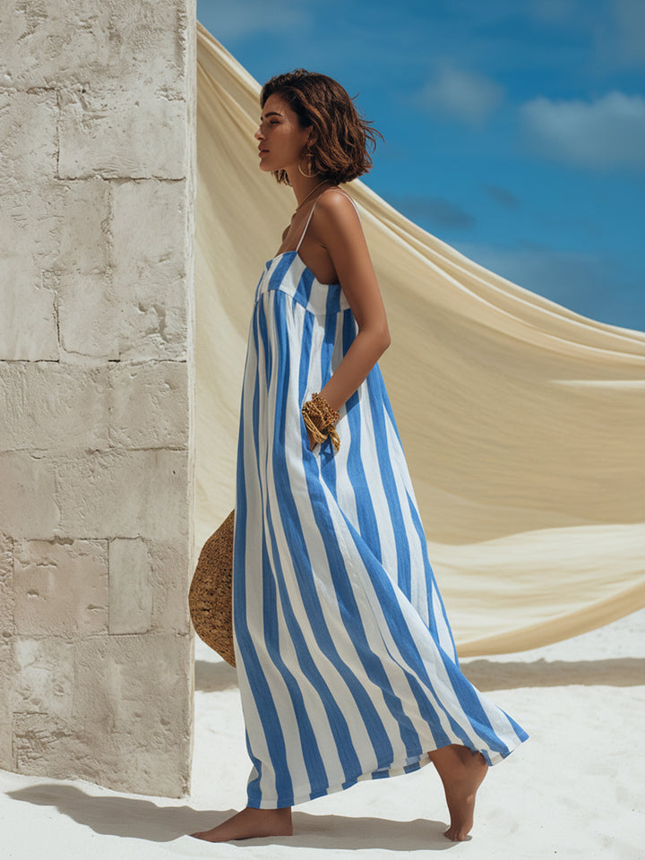 Minimalist Vacation-Style Thin Straps And Back Tie Detail Blue And White Striped Maxi Dress
