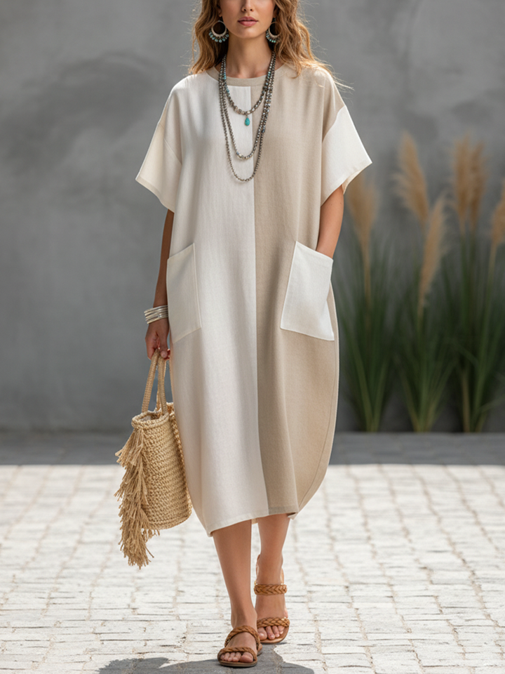 Women's Casual White & Khaki Color-Block Cotton-Linen Short Sleeve Large Pockets Loose Fit Midi Dress MDZ3099A0BA