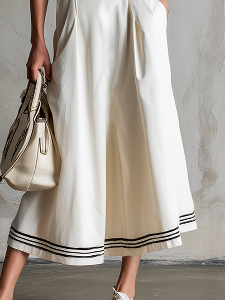 Elegant Sporty Striped Trim  White Cotton Sleeveless Midi Dress