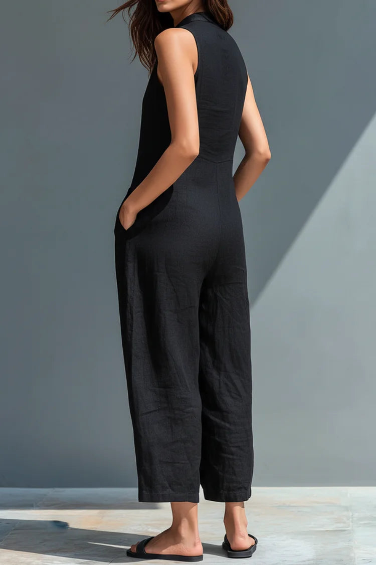 Women's Minimalist Linen Blend Button-up Stand-collar Sleeveless Loose Jumpsuit