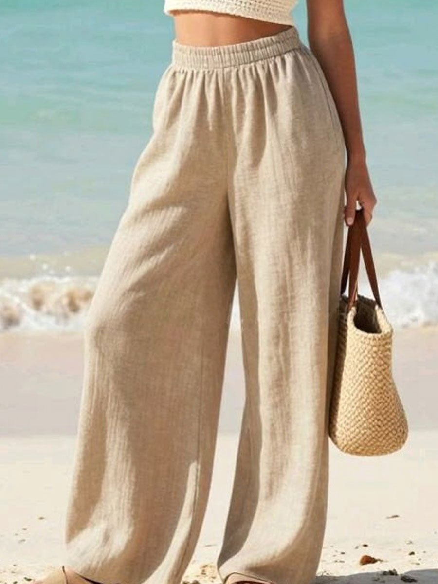 Women's Solid-color Wide-leg Casual Cotton-linen Trousers