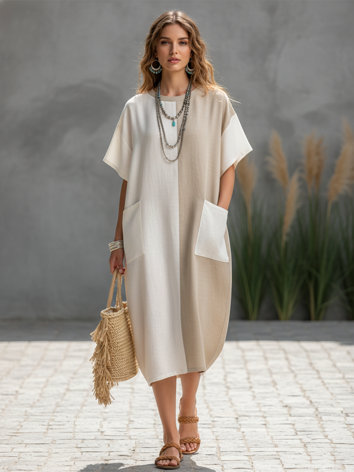Women's Casual White & Khaki Color-Block Cotton-Linen Short Sleeve Large Pockets Loose Fit Midi Dress MDZ3099A0BA