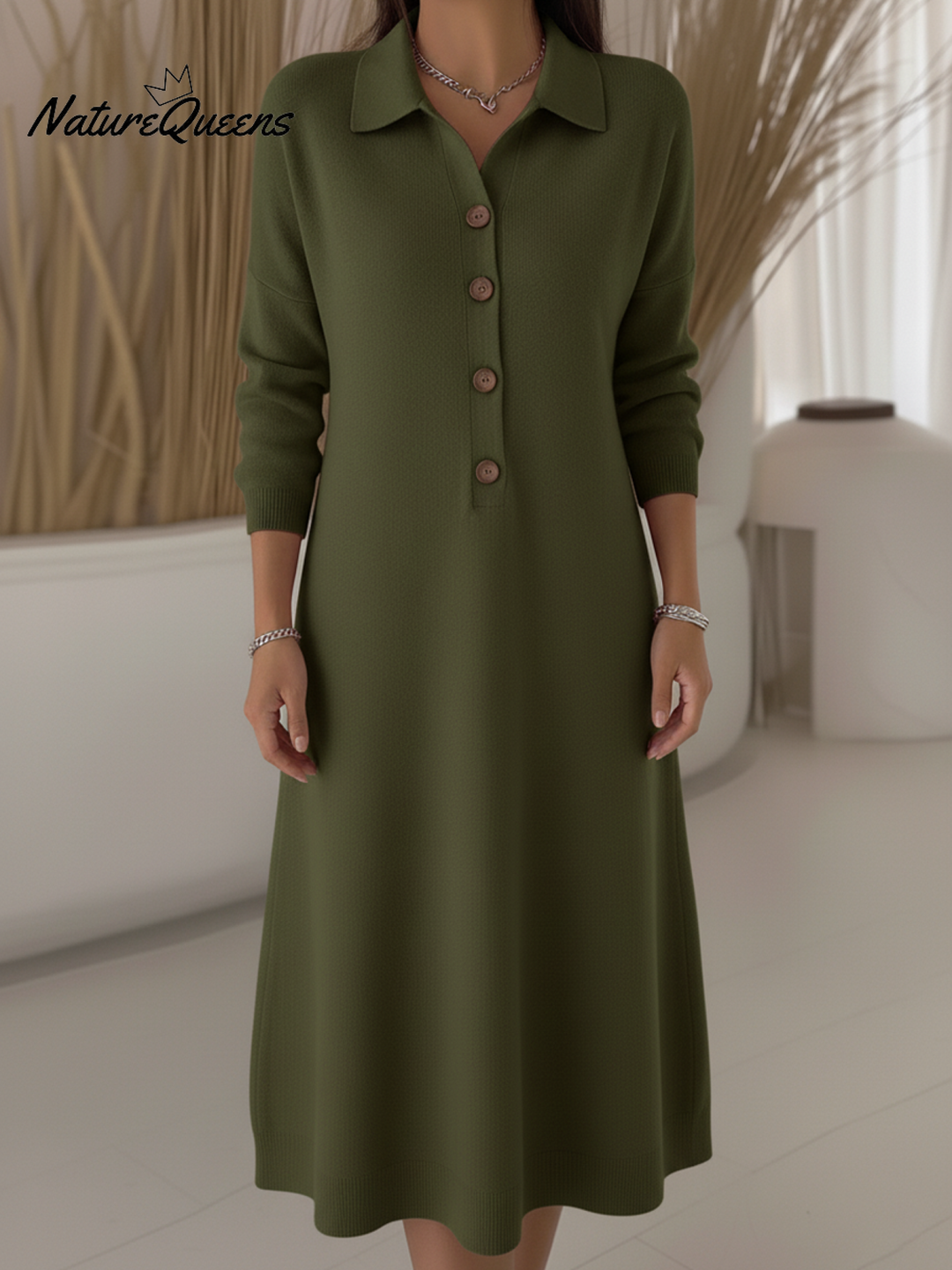 Classic Polo Collar Button Solid Color Knitted Midi Dress