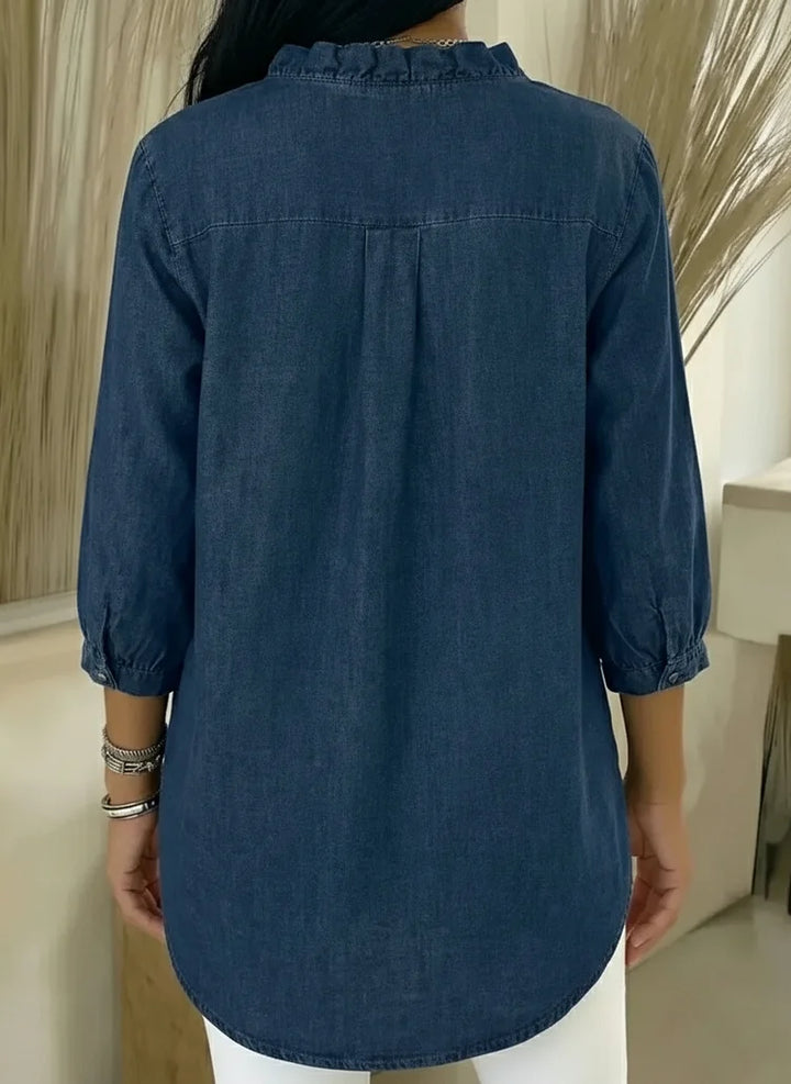 Women's Casual Denim V-Neck Ruffled Shirt