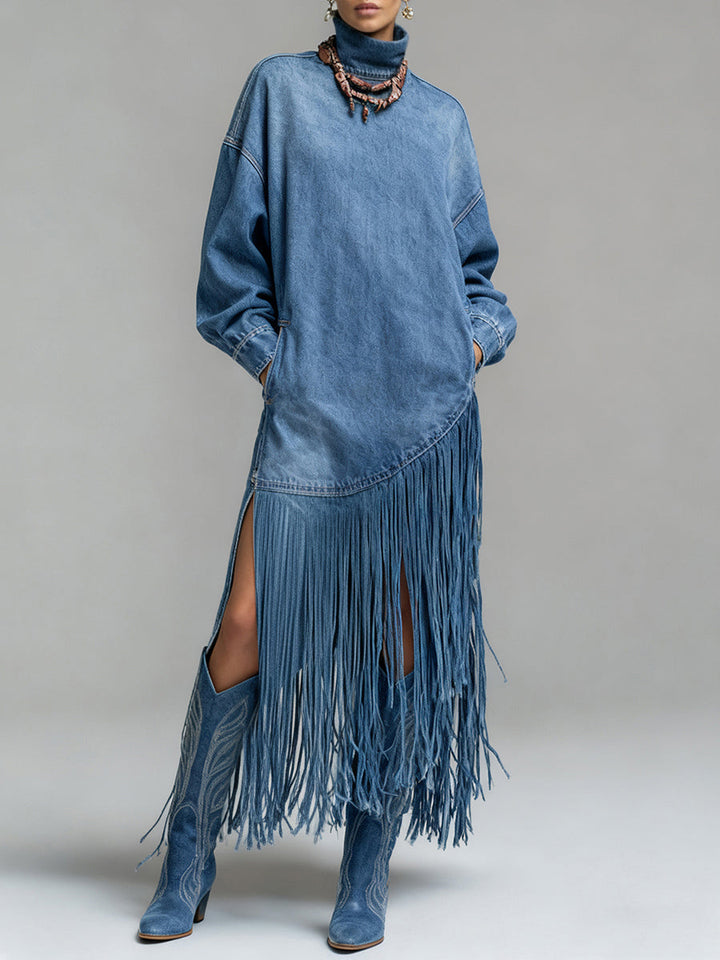 Ursime Daily Blue High Collar Lantern Sleeve Long Sleeve Strappy Western Pocket Denim Midi Dresses [Pre-Order]
