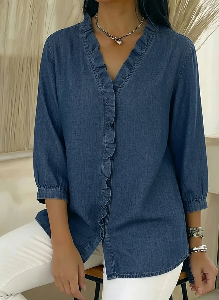 Women's Casual Denim V-Neck Ruffled Shirt