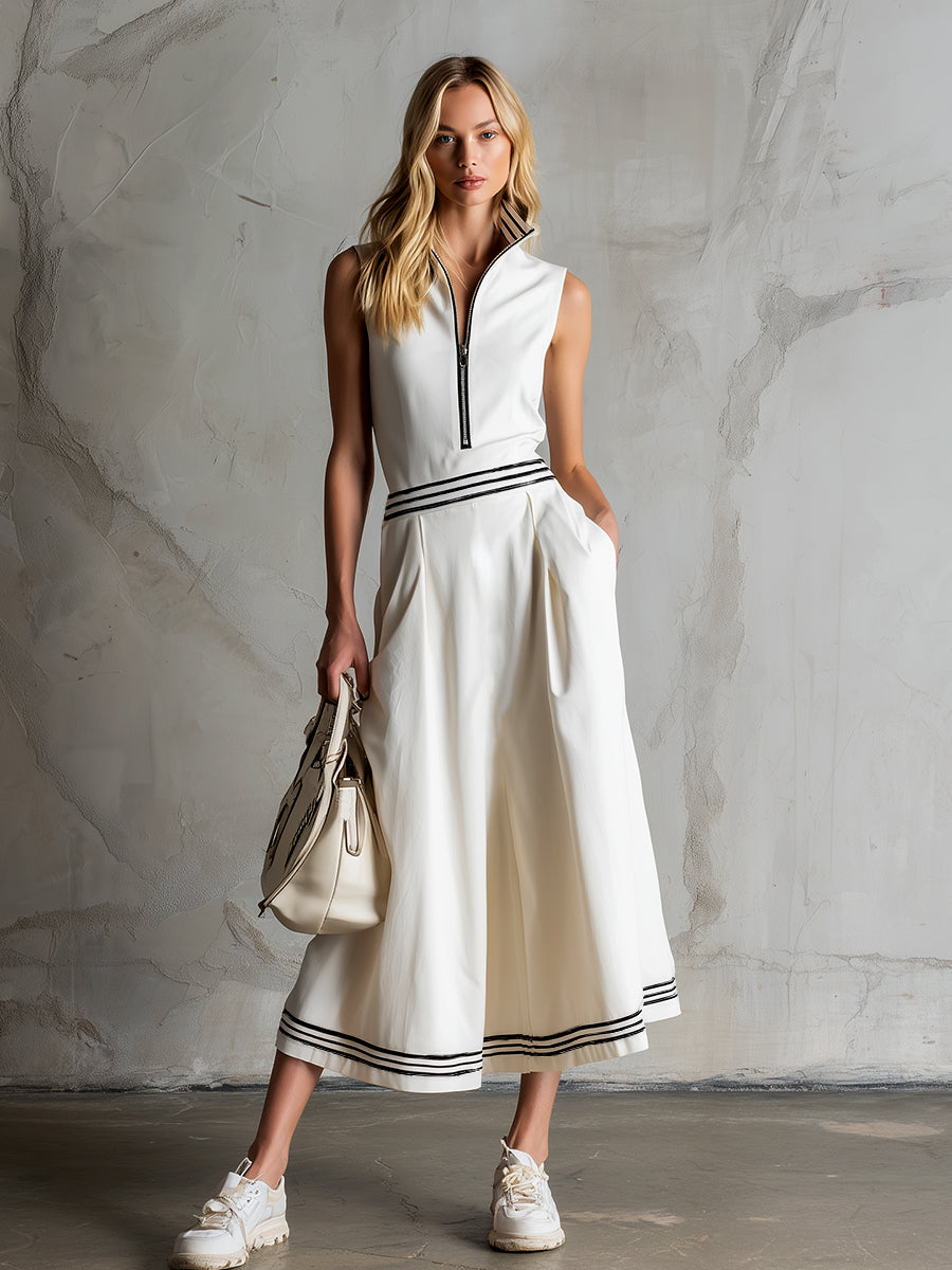 Elegant Sporty Striped Trim  White Cotton Sleeveless Midi Dress