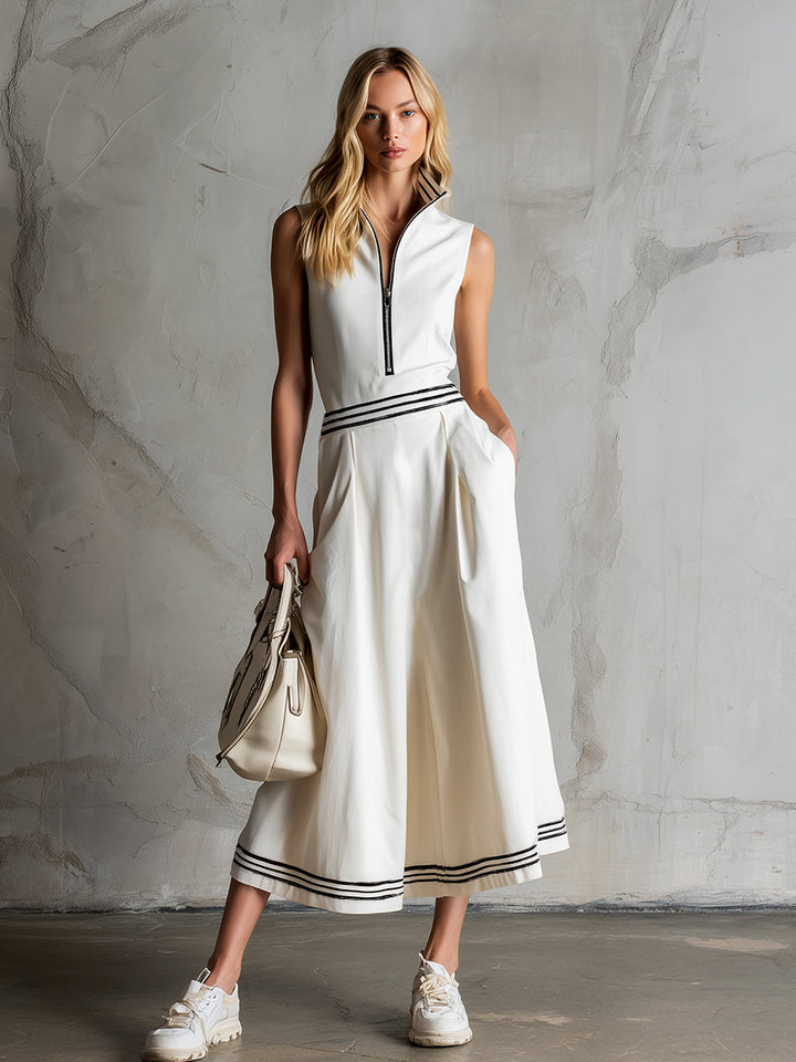 Elegant Sporty Striped Trim  White Cotton Sleeveless Midi Dress