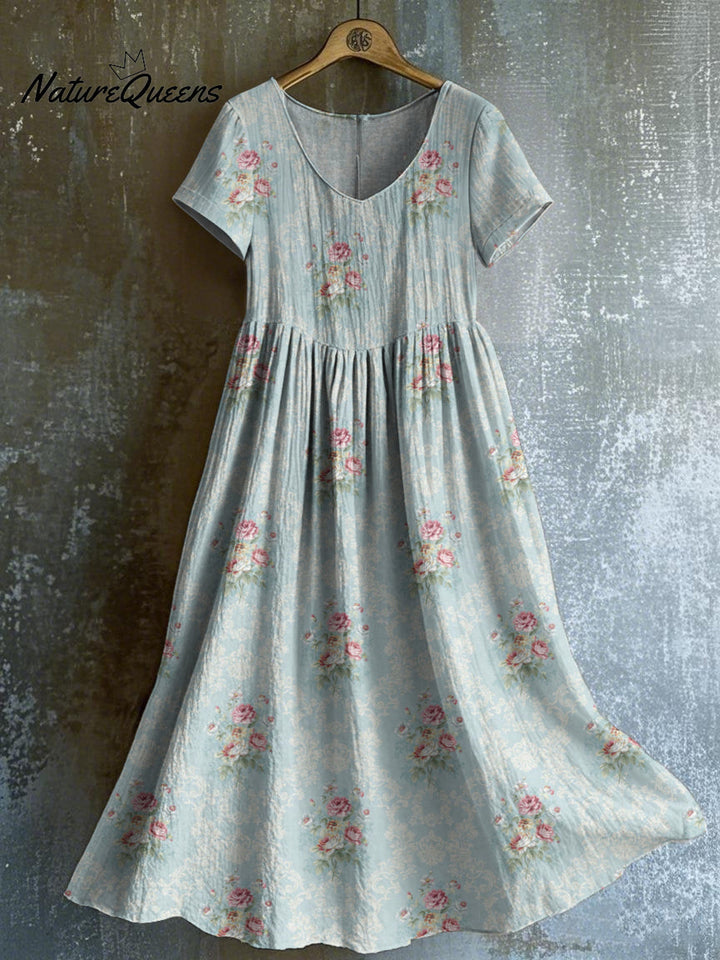 Women's Vintage Rose Print V-neck Short Sleeve Midi Dress
