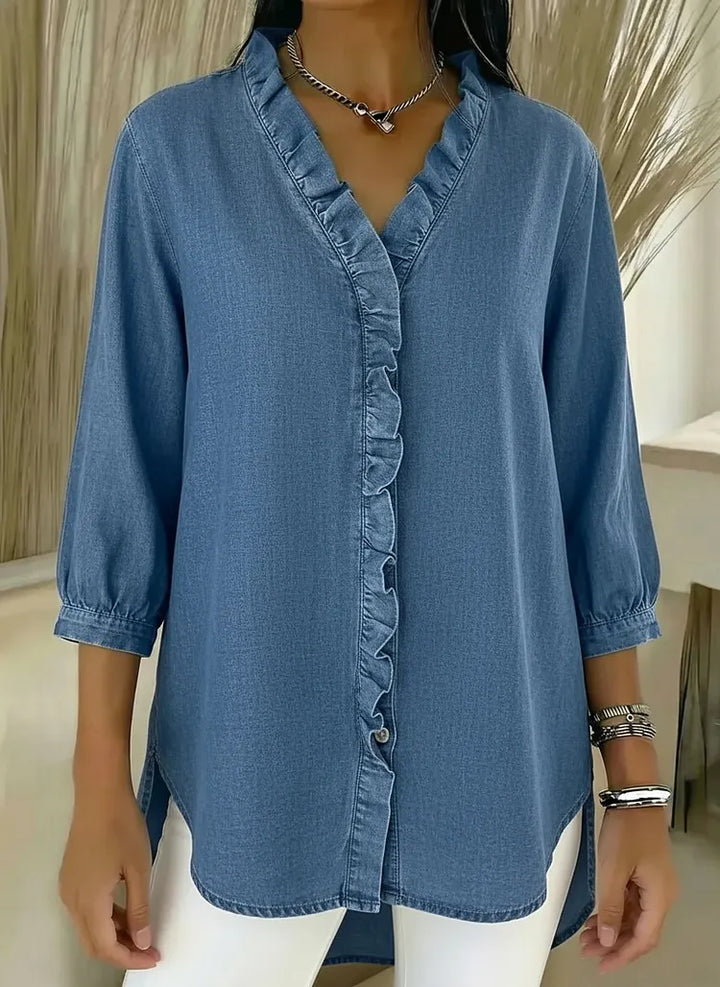 Women's Casual Denim V-Neck Ruffled Shirt