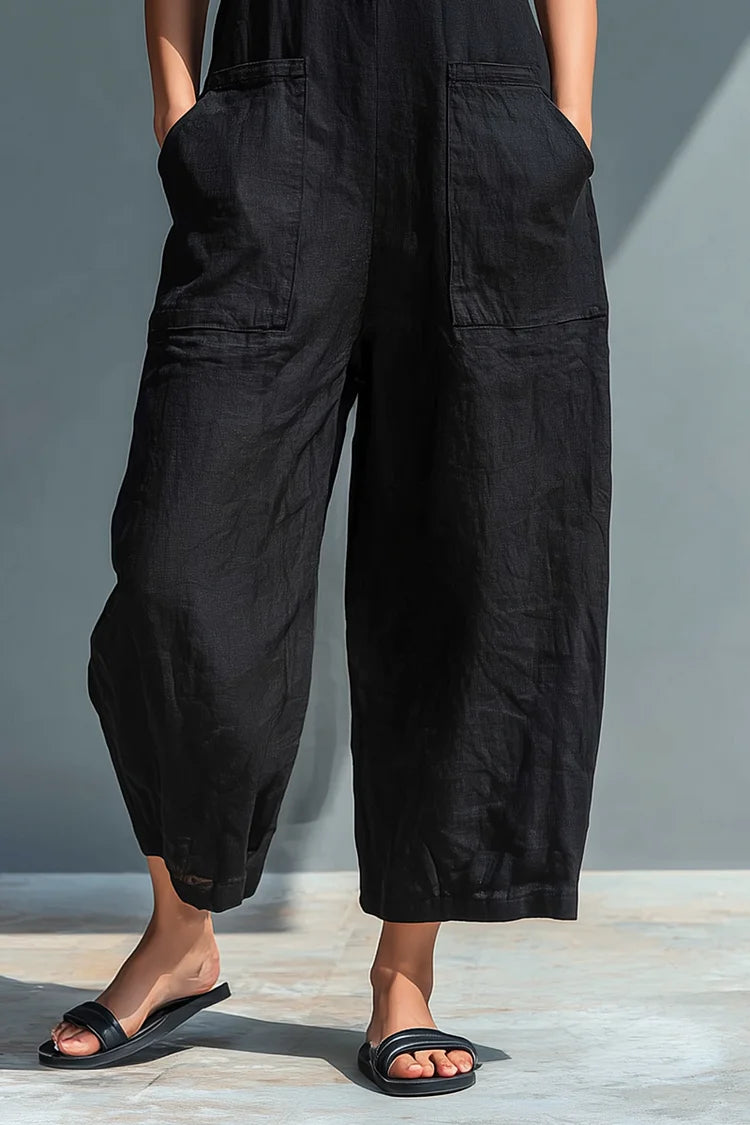 Women's Minimalist Linen Blend Button-up Stand-collar Sleeveless Loose Jumpsuit