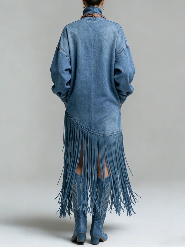 Ursime Daily Blue High Collar Lantern Sleeve Long Sleeve Strappy Western Pocket Denim Midi Dresses [Pre-Order]