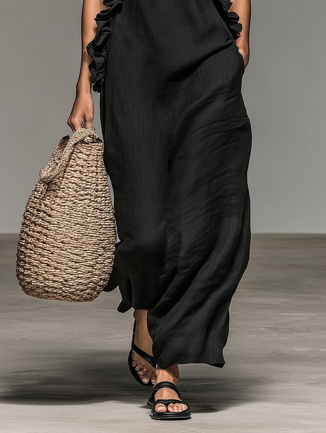 Minimalist Ruffle Linen-blend Maxi Dress