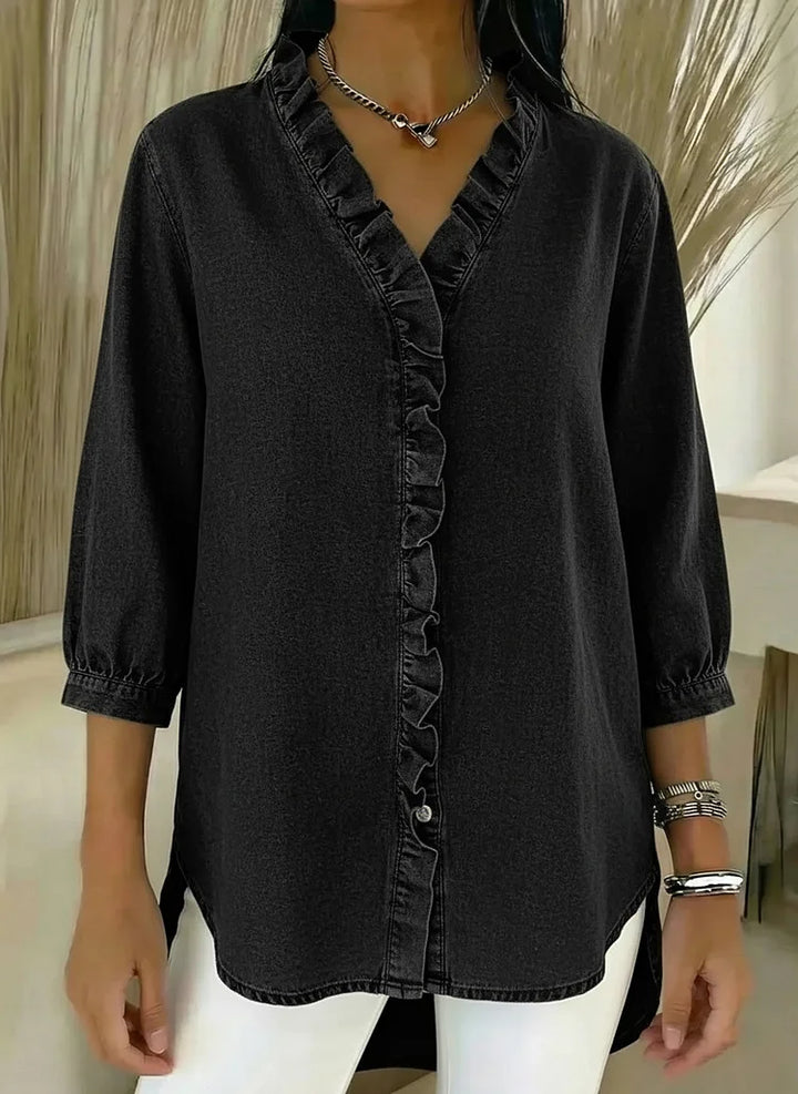 Women's Casual Denim V-Neck Ruffled Shirt