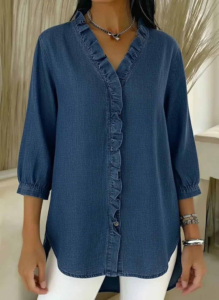 Women's Casual Denim V-Neck Ruffled Shirt