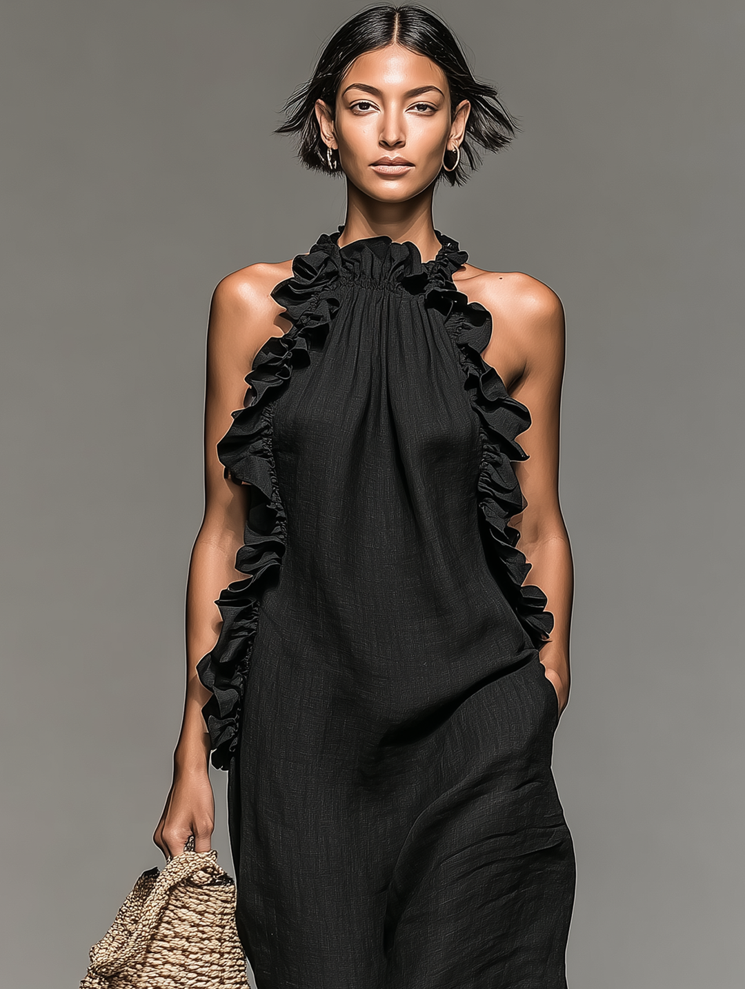 Minimalist Ruffle Linen-blend Maxi Dress