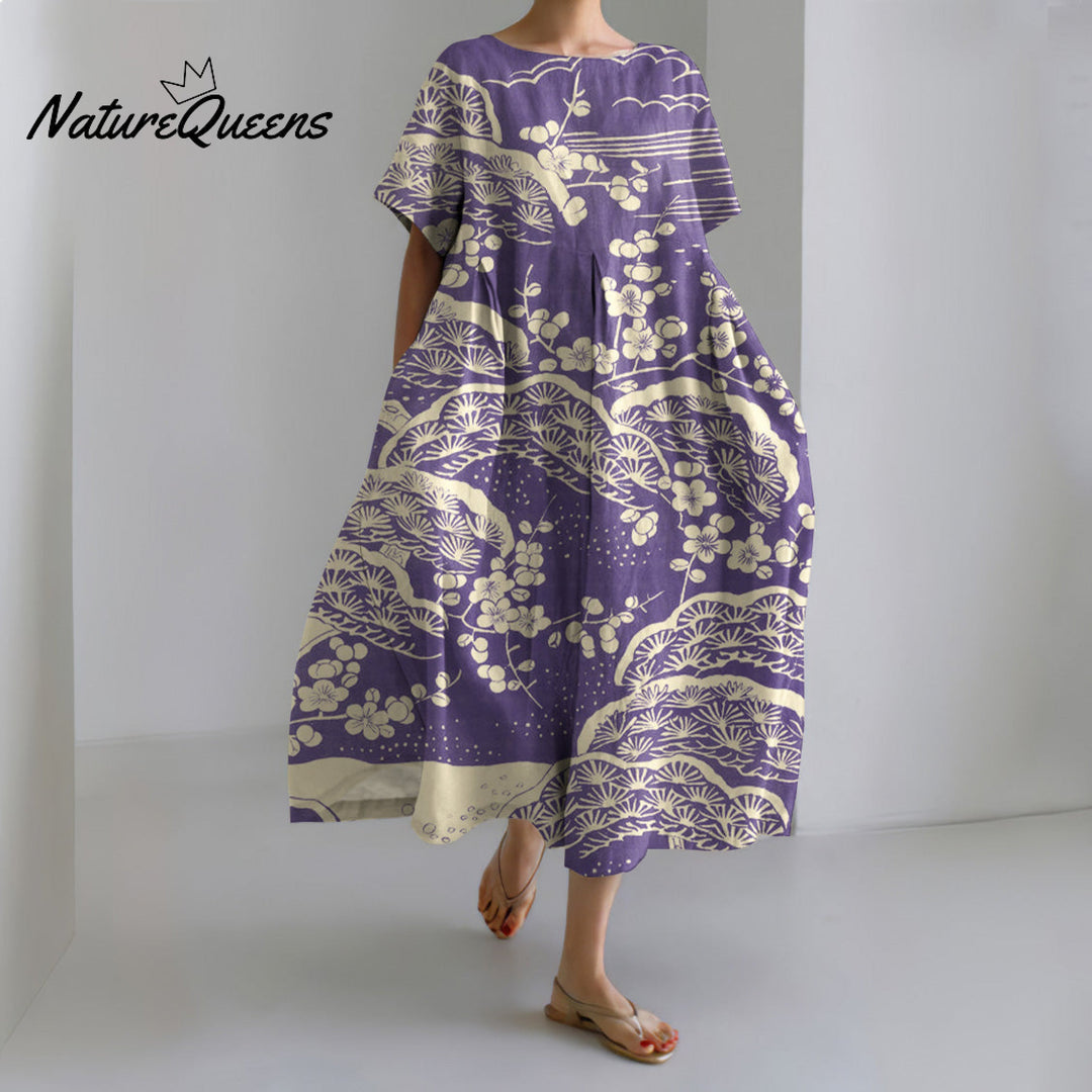 Japanese Art Plum Blossom Printed Crew Neck Casual Midi Dress