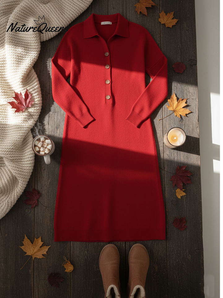 Classic Polo Collar Button Solid Color Knitted Midi Dress