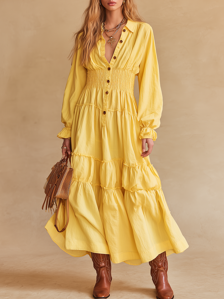 Vintage-style V-neck Ruffled Cotton And Linen Midi Dress