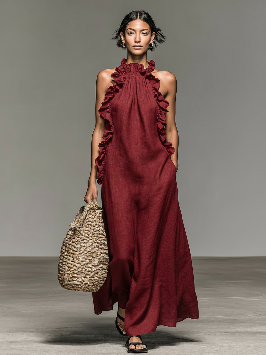 Minimalist Ruffle Linen-blend Maxi Dress