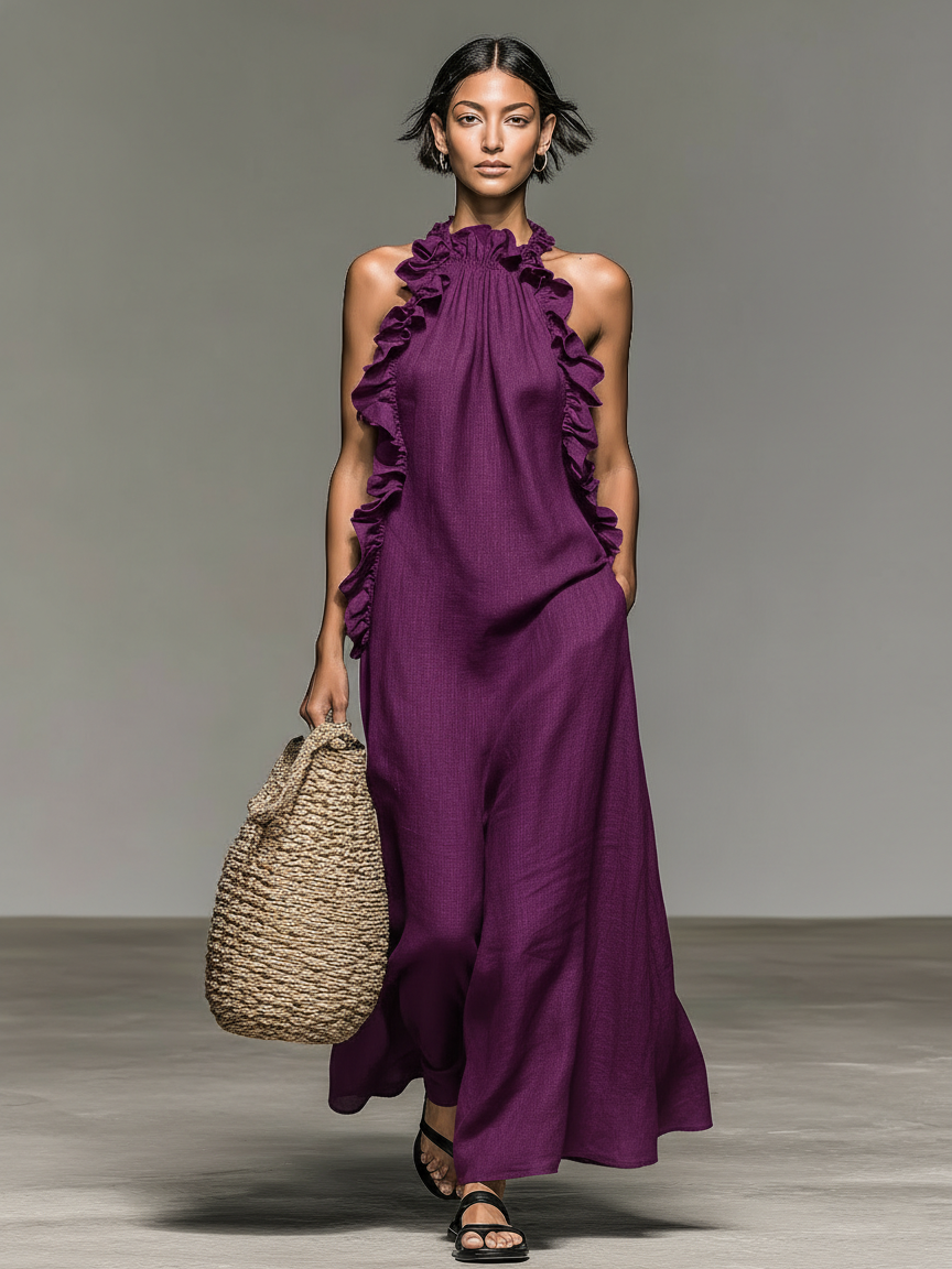 Minimalist Ruffle Linen-blend Maxi Dress