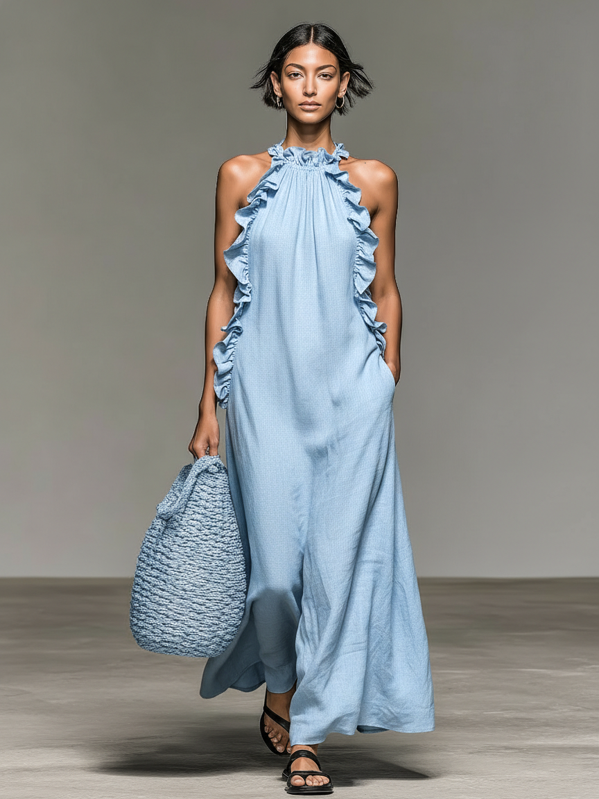 Minimalist Ruffle Linen-blend Maxi Dress