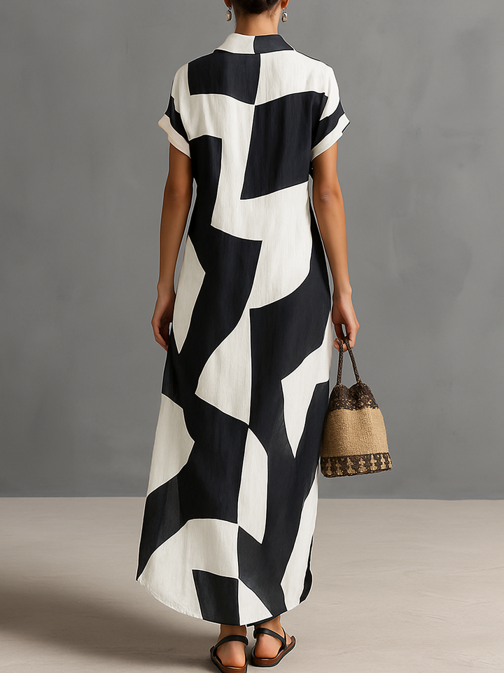 Women's Cotton And Linen Blend Geometric Black White Dress