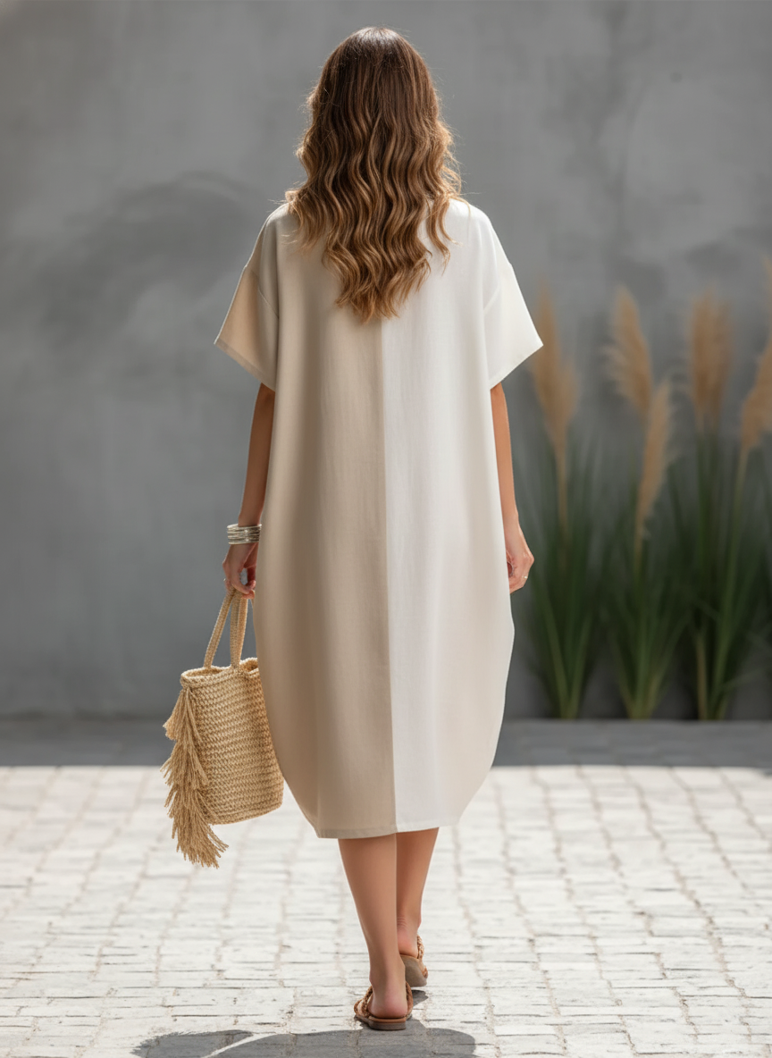 Women's Casual White & Khaki Color-Block Cotton-Linen Short Sleeve Large Pockets Loose Fit Midi Dress MDZ3099A0BA