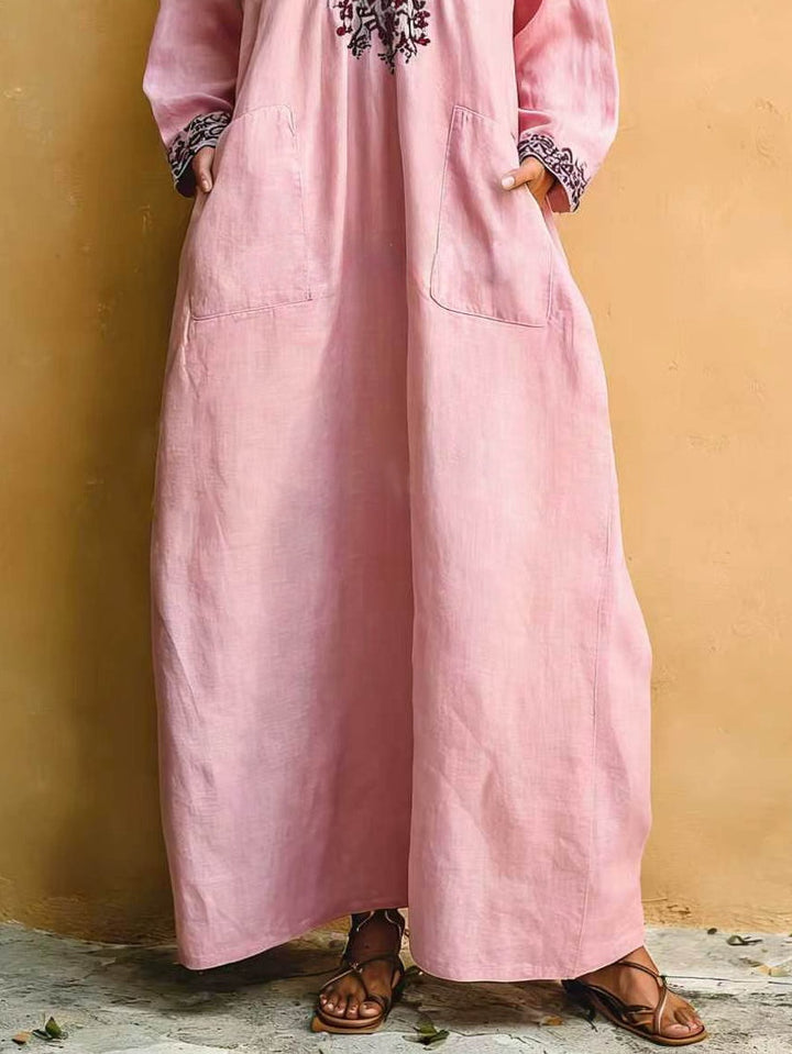 Pink Minimalist Holiday Print V-neck Loose Maxi Dress