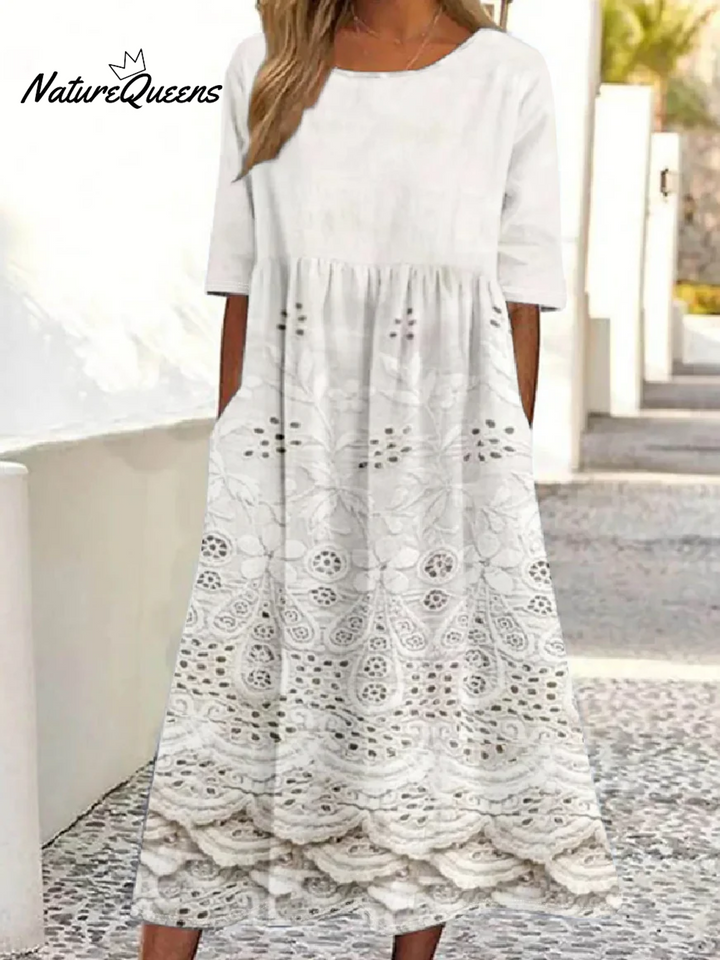 Vintage Lace Floral Print Round Neck Pocket Midi Dress