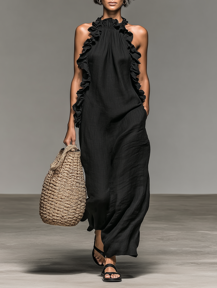 Minimalist Ruffle Linen-blend Maxi Dress