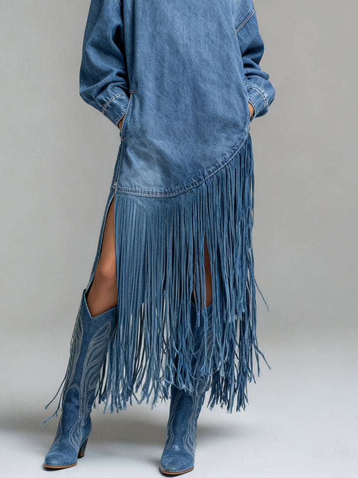 Ursime Daily Blue High Collar Lantern Sleeve Long Sleeve Strappy Western Pocket Denim Midi Dresses [Pre-Order]
