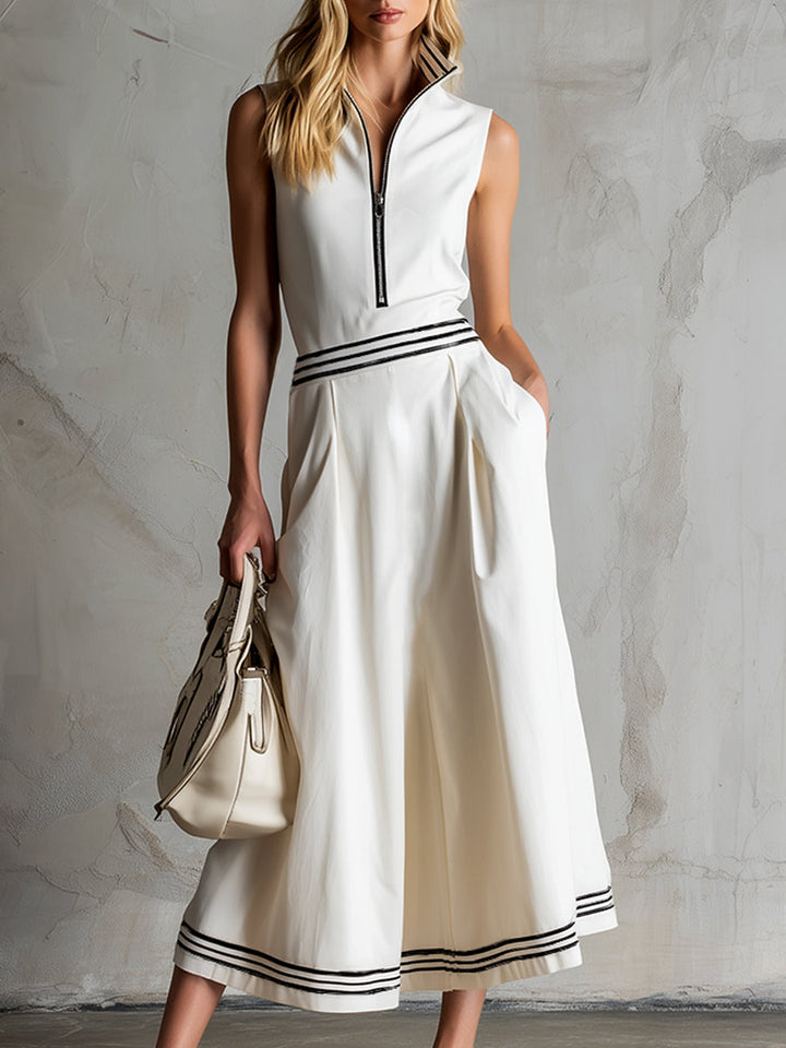 Elegant Sporty Striped Trim  White Cotton Sleeveless Midi Dress