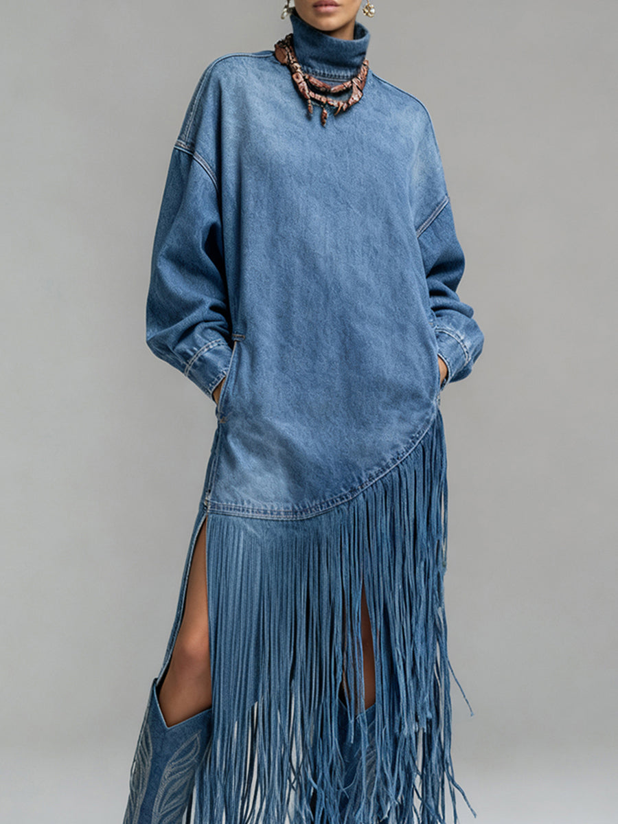 Ursime Daily Blue High Collar Lantern Sleeve Long Sleeve Strappy Western Pocket Denim Midi Dresses [Pre-Order]