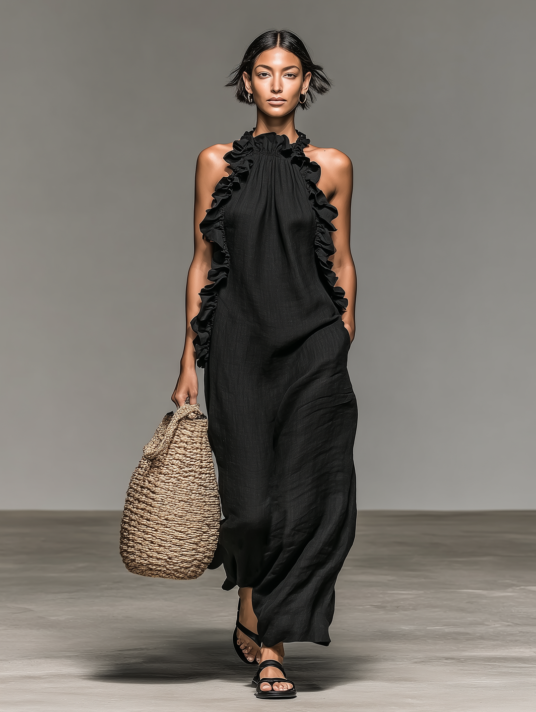 Minimalist Ruffle Linen-blend Maxi Dress