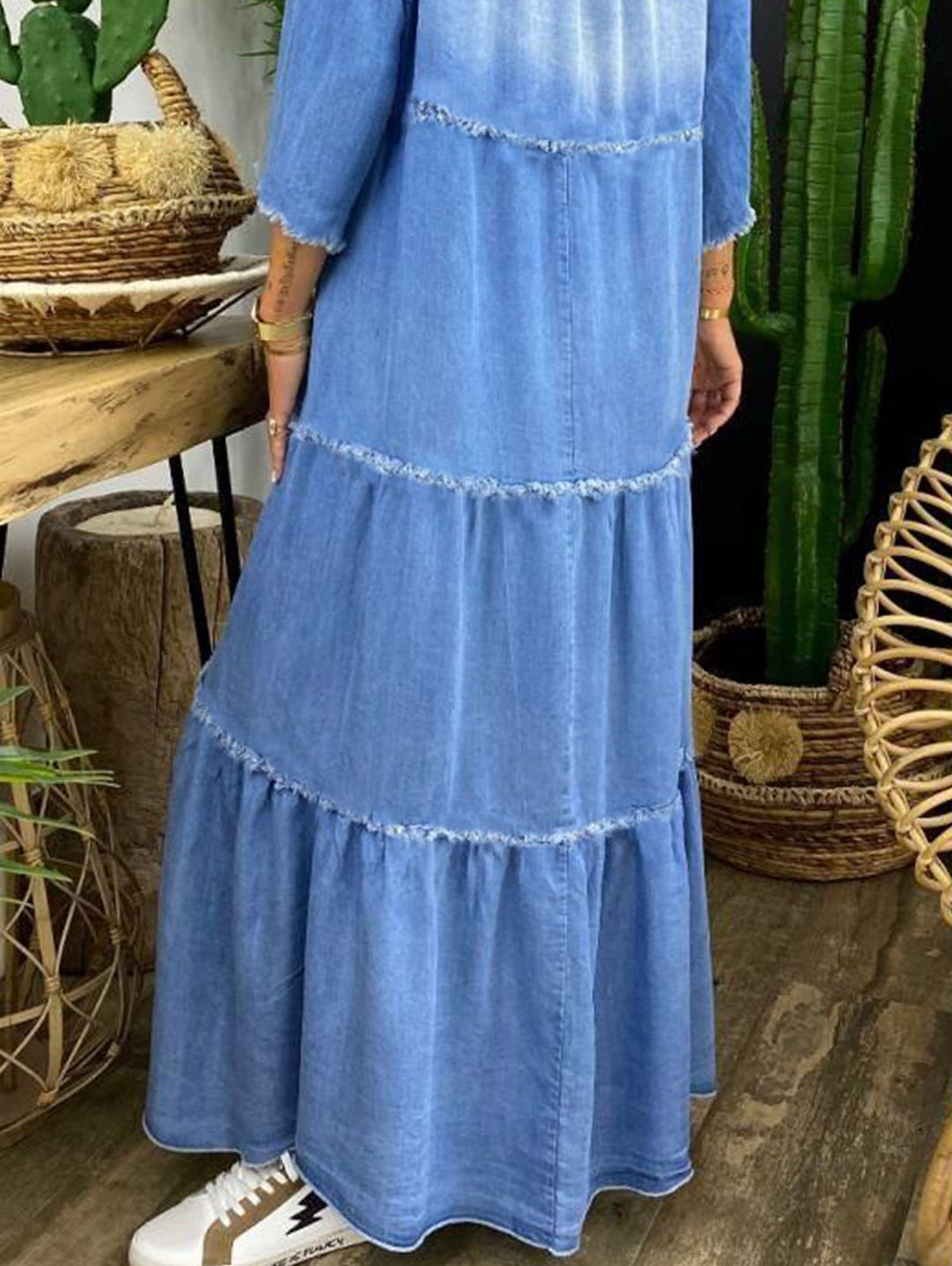 Casual Denim Washed Raw Trim V Neck Midi Dress