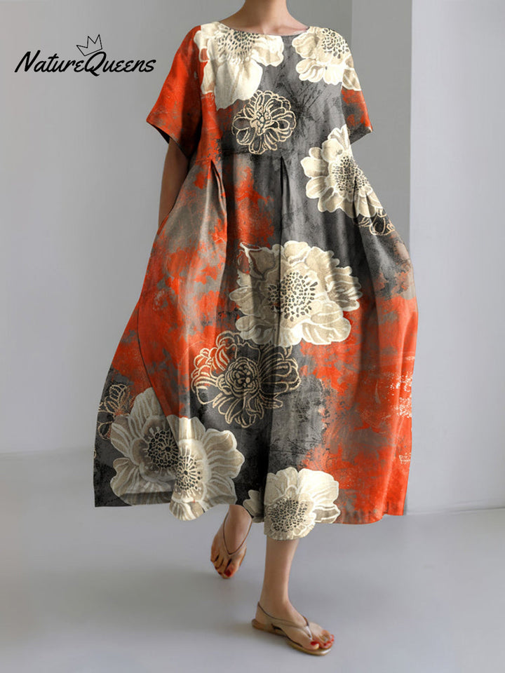 Vintage Japanese Art Flower Print Midi Dress