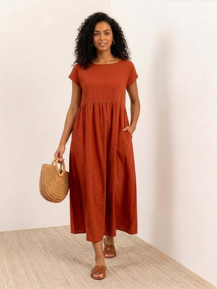Capped-sleeve, Voluminous Pleated Midi Dress