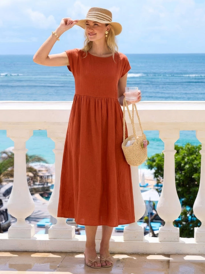 Capped-sleeve, Voluminous Pleated Midi Dress