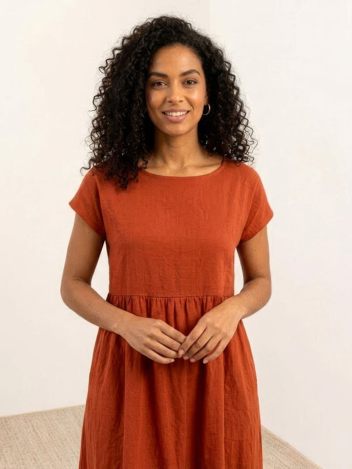 Capped-sleeve, Voluminous Pleated Midi Dress