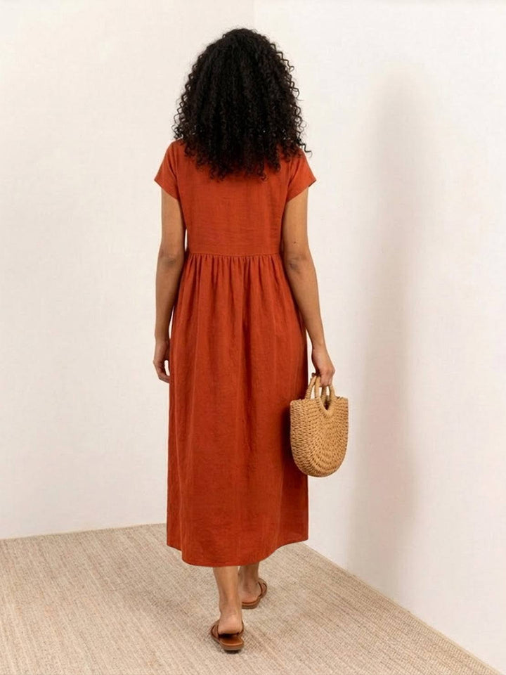 Capped-sleeve, Voluminous Pleated Midi Dress