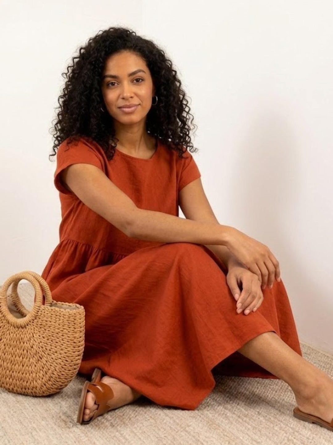 Capped-sleeve, Voluminous Pleated Midi Dress