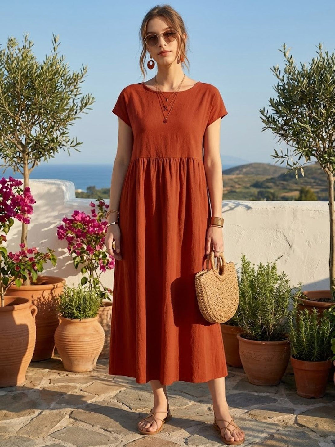 Capped-sleeve, Voluminous Pleated Midi Dress