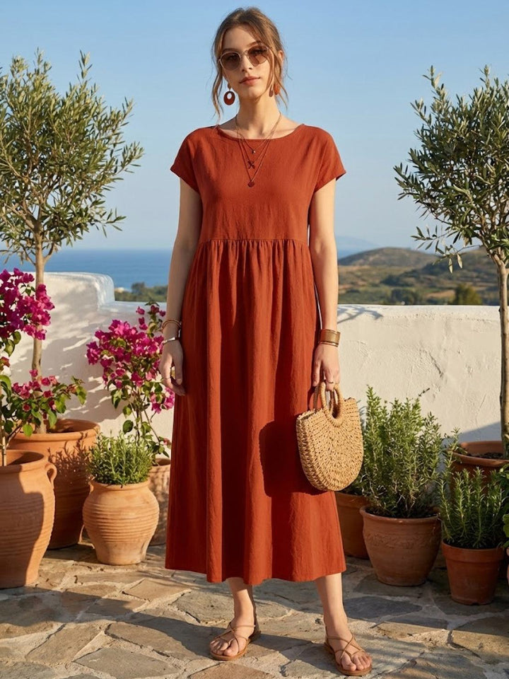 Capped-sleeve, Voluminous Pleated Midi Dress