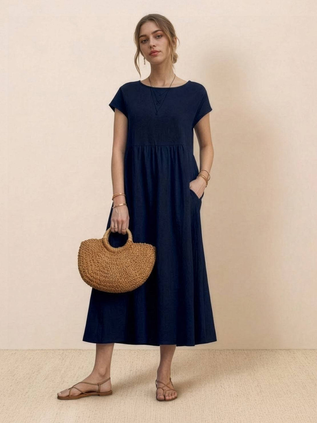Capped-sleeve, Voluminous Pleated Midi Dress